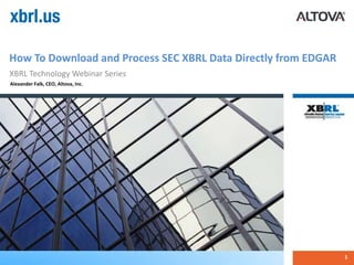 How To Download and Process SEC XBRL Data Directly from EDGAR
XBRL Technology Webinar Series
1
Alexander Falk, CEO, Altova, Inc.
 