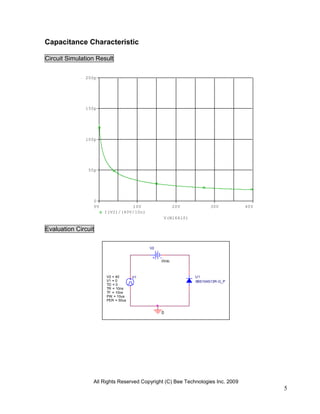 Capacitance Characteristic

Circuit Simulation Result

              200p




              150p




              100p




               50p




                 0
                 0V             10V                 20V           30V           40V
                      I(V2)/(40V/10n)
                                              V(N16610)

Evaluation Circuit

                                        V2


                                             0Vdc



                      V2 = 40      V1                      U1
                      V1 = 0                               XBS104S13R-G_P
                      TD = 0
                      TR = 10ns
                      TF = 10ns
                      PW = 10us
                      PER = 50us


                                             0




                 All Rights Reserved Copyright (C) Bee Technologies Inc. 2009
                                                                                      5
 