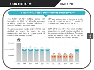 OUR HISTORY TIMELINE 
8 Years of Success, Development and Innovation 
The history of XBT Holding started with 
foundation in 2005 of Webzilla company, 
providing enterprise hosting solutions to 
Russian and European customers. 
The company grew rapidly and in 2010 it was 
decided to extend its reach to new 
geographies and form a comprehensive IT 
infrastructure services portfolio. 
XBT was incorporated to become a single 
point of contact to serve IT needs of 
business customers around the world. 
2011, 2012 and 2013 has seen multiple 
acquisitions of local hosting providers in 
the strategic regions in Asia and Europe & 
launch of several projects of its own in 
network services and shared hosting. 3 
 