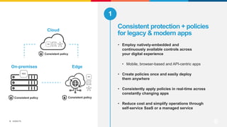 ©2022 F5
5
Consistent protection + policies
for legacy & modern apps
1
• Employ natively-embedded and
continuously available controls across
your digital experience
• Mobile, browser-based and API-centric apps
• Create policies once and easily deploy
them anywhere
• Consistently apply policies in real-time across
constantly changing apps
• Reduce cost and simplify operations through
self-service SaaS or a managed service
On-premises Edge
Consistent policy
Consistent policy
Consistent policy
Cloud
 