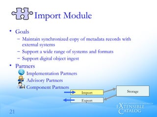 Import Module Goals Maintain synchronized copy of metadata records with external systems Support a wide range of systems and formats Support digital object ingest Partners Implementation Partners Advisory Partners Component Partners Import Storage Export 