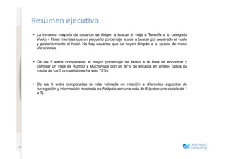www.xperienceconsulting.com
                              Resúmen	
  ejecu4vo	
  
                              •  La inmensa mayoría de usuarios se dirigen a buscar el viaje a Tenerife a la categoría
                                 Vuelo + Hotel mientras que un pequeño porcentaje acude a buscar por separado el vuelo
                                 y posteriormente el hotel. No hay usuarios que se hayan dirigido a la opción de menú
                                 Vacaciones.


                              •  De las 5 webs comparadas el mayor porcentaje de éxisto a la hora de encontrar y
                                 comprar un viaje es Rumbo y Muchoviaje con un 87% de eficacia en ambos casos (la
                                 media de los 5 competidores ha sido 75%).


                              •  De las 5 webs comparadas la más valorada en relación a diferentes aspectos de
                                 navegación y información mostrada es Atrápalo con una nota de 6 (sobre una escala de 1
                                 a 7).




   10
                       10
 