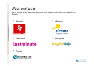 Webs	
  analizadas	
  
                                  Se ha utilizado la lista Alexa para seleccionar los 5 sites del sector viajes con más tráfico en
www.xperienceconsulting.com




                                  España.



                                   •    Atrápalo                                              •    eDreams




                                   •    Lastminute                                            •    Muchoviaje




                                   •    Rumbo




                 7
                              7
 