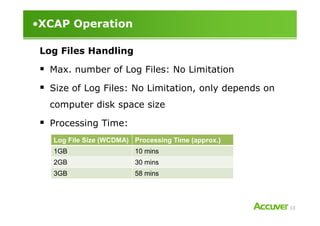 •XCAP Operation
Log Files Handling
Max. number of Log Files: No Limitation
Size of Log Files: No Limitation, only depends on
computer disk space size
13
Processing Time:
Log File Size (WCDMA) Processing Time (approx.)
1GB 10 mins
2GB 30 mins
3GB 58 mins
 