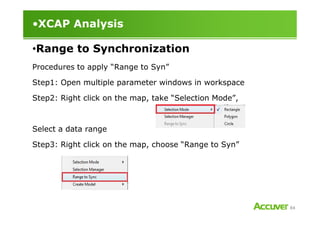 •XCAP Analysis
Procedures to apply “Range to Syn”
Step1: Open multiple parameter windows in workspace
Step2: Right click on the map, take “Selection Mode”,
•Range to Synchronization
84
Select a data range
Step3: Right click on the map, choose “Range to Syn”
 