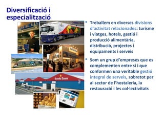 Diversificació i
especialització
 Treballem en diverses divisions
d’activitat relacionades: turisme
i viatges, hotels, gestió i
producció alimentària,
distribució, projectes i
equipaments i serveis
 Som un grup d’empreses que es
complementen entre sí i que
conformen una veritable gestió
integral de serveis, sobretot per
al sector de l’hostaleria, la
restauració i les col·lectivitats
 