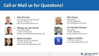 25
Felix Binsack
ICEC Product Idea & Sponsor
+49 221 97343-10
felix.binsack@timetoact.de
Philipp van den Boom
ICEC Inside Sales
+ 49 221 97343-66
Philipp.vandenBoom@timetoact.de
Babett Schäfer
Intranet & ICEC Consultant
+ 49 221 97343-38
babett.schaefer@timetoact.de
Call or Mail us for Questions!
Otto Foerg
Consultant
+49 89 38408529
otto.foerg@timetoact.de
Jan Hendrik Groene
Consultant
+49 89 3840850
jan.groene@timetoact.de
Support Hotline
+ 49 221 97343-53
xcc-support@timetoact.de
 