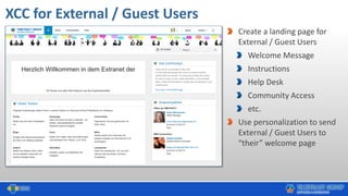 XCC for External / Guest Users
Create a landing page for
External / Guest Users
Welcome Message
Instructions
Help Desk
Community Access
etc.
Use personalization to send
External / Guest Users to
“their” welcome page
 