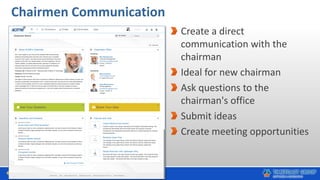 Chairmen Communication
Create a direct
communication with the
chairman
Ideal for new chairman
Ask questions to the
chairman's office
Submit ideas
Create meeting opportunities
 