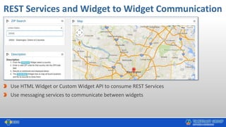 REST Services and Widget to Widget Communication
Use HTML Widget or Custom Widget API to consume REST Services
Use messaging services to communicate between widgets
 