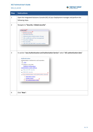 XCC	Technical	User’s	Guide	
XCC_R_12.0.0	 	 	 	 	 	 	 	 	 	
	 	 	 	 	 	
39	/	79		
	
	
Step Instructions
1	 Open	the	Integrated	Solutions	Console	(ISC)	of	your	Deployment	manager	and	perform	the	
following	steps.	
2	 Navigate	to	“Security	>	Global	security”.	
	
3	 In	section	"Java	Authentication	and	Authorization	Service"	select	"J2C	authentication	data"	
	
	
4	 Click	"New":	
 