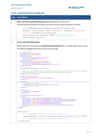 XCC	Technical	User’s	Guide	
XCC_R_12.0.0	 	 	 	 	 	 	 	 	 	
	 	 	 	 	 	
61	/	79		
	
	
8.3.2 LotusConnections-config.xml	
Step Instructions
1	 Open	cmd	and	execute	following	script	(Alternatively	you	can	adjust	the	
LotusConnectionsConfig.xml	manually	and	synchronize	the	nodes	afterwards	in	the	ISC):	
cd C:IBMWebSphereAppServerprofilesDmgr01bin
wsadmin -lang jython -user <wasadmin> -password <password>
execfile("connectionsConfig.py")
LCConfigService.checkOutConfig("<TEMP_DIRECTORY>",
AdminControl.getCell())
2	 Do	not	close	the	CMD	window	
Please	open	the	just	checked	out	LotusConnectionsConfig.xml	file	in	an	XML	editor	of	your	choice	
and	add	the	widgetBundle	section	to	the	resources	node.	
	
<resources>
<!-- TIMETOACT GROUP - XCC4Communities -->
<widgetBundle name="de.timetoact.resources.XCC" prefix="XCC"/>
<!-- TIMETOACT GROUP - XCC4Communities -->
</resources>
 