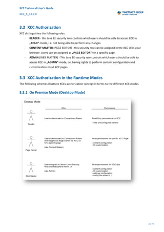 XCC	Technical	User’s	Guide	
XCC_R_12.0.0	 	 	 	 	 	 	 	 	 	
	 	 	 	 	 	
8	/	79		
	
	
	
3.2 XCC	Authorization	
XCC	distinguishes	the	following	roles:	
- READER	-	this	Java	EE	security	role	controls	which	users	should	be	able	to	access	XCC	in	
„READ“-mode,	i.e.	not	being	able	to	perform	any	changes.	
- CONTENT	MASTER	(PAGE	EDITOR)	-	this	security	role	can	be	assigned	in	the	XCC	UI	in	your	
browser.	Users	can	be	assigned	as	„PAGE	EDITOR“	for	a	specific	page.		
- ADMIN	(WEB	MASTER)	-	This	Java	EE	security	role	controls	which	users	should	be	able	to	
access	XCC	in	„ADMIN“-mode,	i.e.	having	rights	to	perform	content	configuration	and	
customization	on	all	XCC	pages.	
3.3 XCC	Authorization	in	the	Runtime	Modes	
The	following	schemes	illustrate	XCCs	authorization	concept	in	terms	to	the	different	XCC	modes.	
3.3.1 On	Premise	Mode	(Desktop	Mode)	
	
 