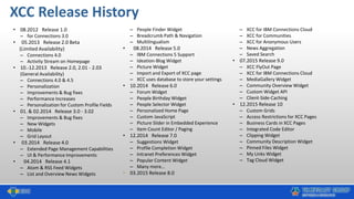 XCC Release History
• 08.2012 Release 1.0
– for Connections 3.0
• 05.2013 Release 2.0 Beta
(Limited Availability)
– Connections 4.0
– Activity Stream on Homepage
• 10.-12.2013 Release 2.0, 2.01 - 2.03
(General Availability)
– Connections 4.0 & 4.5
– Personalization
– Improvements & Bug fixes
– Performance Increases
– Personalization for Custom Profile Fields
• 01. & 02.2014 Release 3.0 - 3.02
– Improvements & Bug fixes
– New Widgets
– Mobile
– Grid Layout
• 03.2014 Release 4.0
– Extended Page Management Capabilities
– UI & Performance Improvements
• 04.2014 Release 4.1
– Atom & RSS Feed Widgets
– List and Overview News Widgets
– People Finder Widget
– Breadcrumb Path & Navigation
– Multilingualism
• 08.2014 Release 5.0
– IBM Connections 5 Support
– Ideation-Blog Widget
– Picture Widget
– Import and Export of XCC page
– XCC uses database to store your settings
• 10.2014 Release 6.0
– Forum Widget
– People Birthday Widget
– People Selector Widget
– Personalized Home Page
– Custom JavaScript
– Picture Slider in Embedded Experience
– Item Count Editor / Paging
• 12.2014 Release 7.0
– Suggestions Widget
– Profile Completion Widget
– Intranet Preferences Widget
– Popular Content Widget
– Many more…
• 03.2015 Release 8.0
– XCC for IBM Connections Cloud
– XCC for Communities
– XCC for Anonymous Users
– News Aggregation
– Saved Search
• 07.2015 Release 9.0
– XCC FlyOut Page
– XCC for IBM Connections Cloud
– MediaGallery Widget
– Community Overview Widget
– Custom Widget API
– Client-Side-Caching
• 12.2015 Release 10
– Custom Grids
– Access Restrictions for XCC Pages
– Business Cards in XCC Pages
– Integrated Code Editor
– Clipping Widget
– Community Description Widget
– Pinned Files Widget
– My Links Widget
– Tag Cloud Widget
 