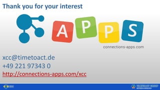 Thank you for your interest
xcc@timetoact.de
+49 221 97343 0
http://connections-apps.com/xcc
 