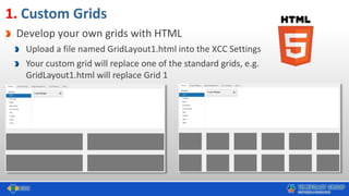 1. Custom Grids
Develop your own grids with HTML
Upload a file named GridLayout1.html into the XCC Settings
Your custom grid will replace one of the standard grids, e.g.
GridLayout1.html will replace Grid 1
 