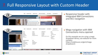 15
7. Full Responsive Layout with Custom Header
Responsive header with
integrated IBM Connections
and XCC navigation
Mega navigation with IBM
Connections menu opened
(In this example we are using a mega
dropdown library, see website for more
samples:
https://codyhouse.co/gem/mega-
dropdown/)
 