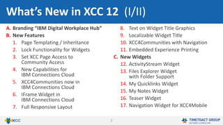 2
A. Branding “IBM Digital Workplace Hub”
B. New Features
1. Page Templating / Inheritance
2. Lock Functionality for Widgets
3. Set XCC Page Access to
Community Access
4. New Capabilities for
IBM Connections Cloud
5. XCC4Communities now in
IBM Connections Cloud
6. IFrame Widget in
IBM Connections Cloud
7. Full Responsive Layout
8. Text on Widget Title Graphics
9. Localizable Widget Title
10. XCC4Communities with Navigation
11. Embedded Experience Printing
C. New Widgets
12. ActivityStream Widget
13. Files Explorer Widget
with Folder Support
14. My Quicklinks Widget
15. My Notes Widget
16. Teaser Widget
17. Navigation Widget for XCC4Mobile
What’s New in XCC 12 (I/II)
 