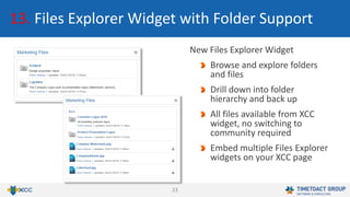 23
13. Files Explorer Widget with Folder Support
New Files Explorer Widget
Browse and explore folders
and files
Drill down into folder
hierarchy and back up
All files available from XCC
widget, no switching to
community required
Embed multiple Files Explorer
widgets on your XCC page
 