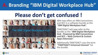 4
A. Branding “IBM Digital Workplace Hub”
IBM now offers an IBM Connections
and XCC in a software bundle as the
“IBM Digital Workplace Hub”.
TIMETOACT will now refer to the
bundle as the “IBM Digital Workplace
Hub - Powered by IBM Connections
and XCC – Web Content & Custom
Apps Extension”.
Additionally TIMETOACT uses the term
“TIMETOACT Universal Intranet” for
the bundle.
Please don’t get confused !
 