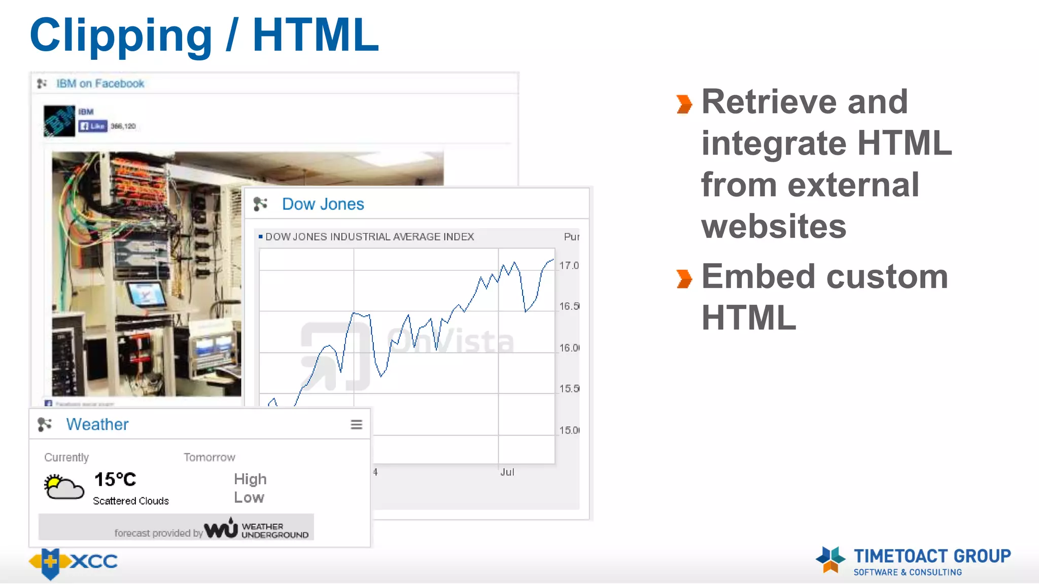 Clipping / HTML 
Retrieve and 
integrate HTML 
from external 
websites 
Embed custom 
HTML 
 