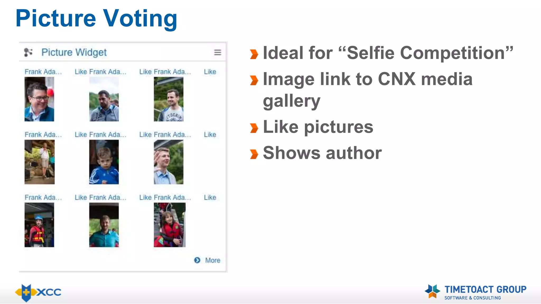 Picture Voting 
Ideal for “Selfie Competition” 
Image link to CNX media 
gallery 
Like pictures 
Shows author 
 