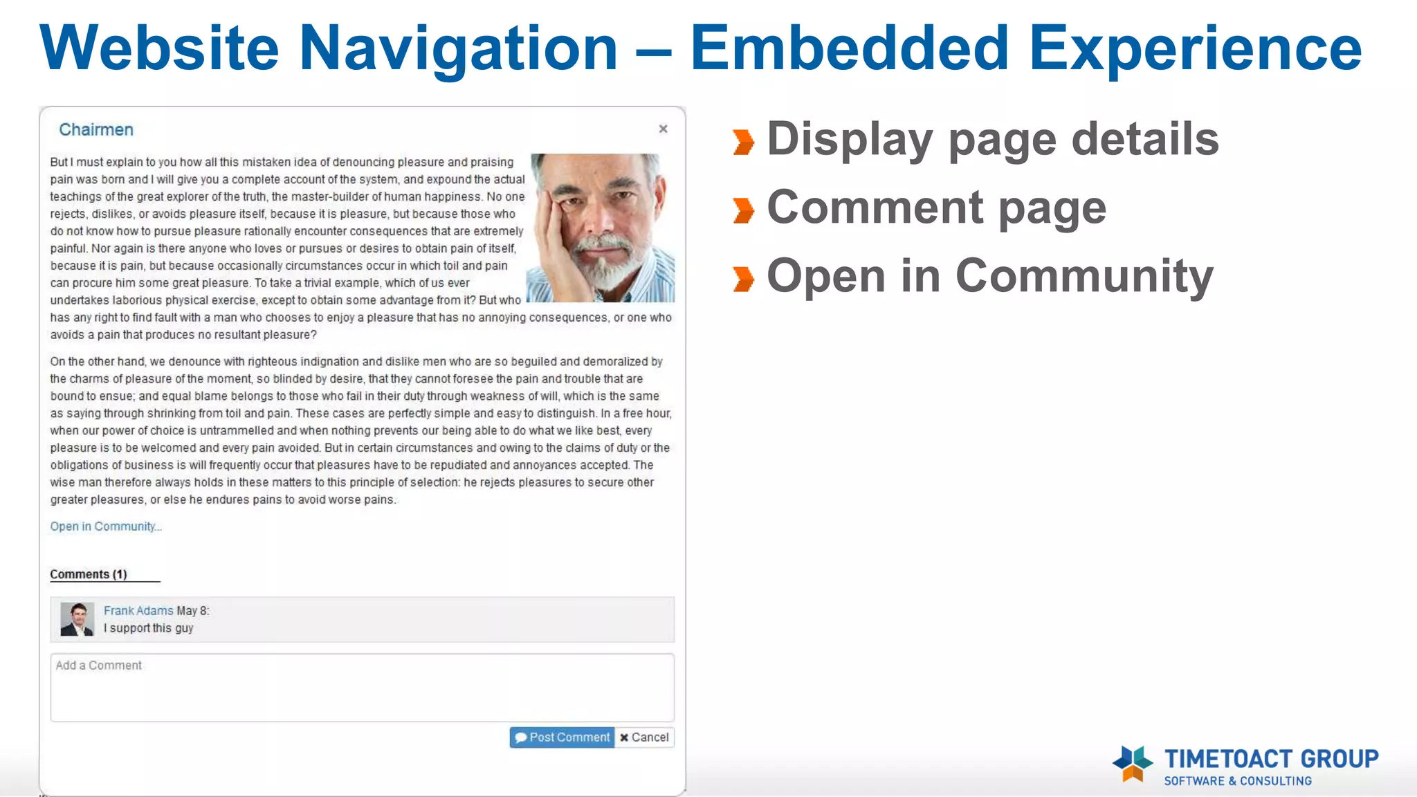 Website Navigation – Embedded Experience 
Display page details 
Comment page 
Open in Community 
 