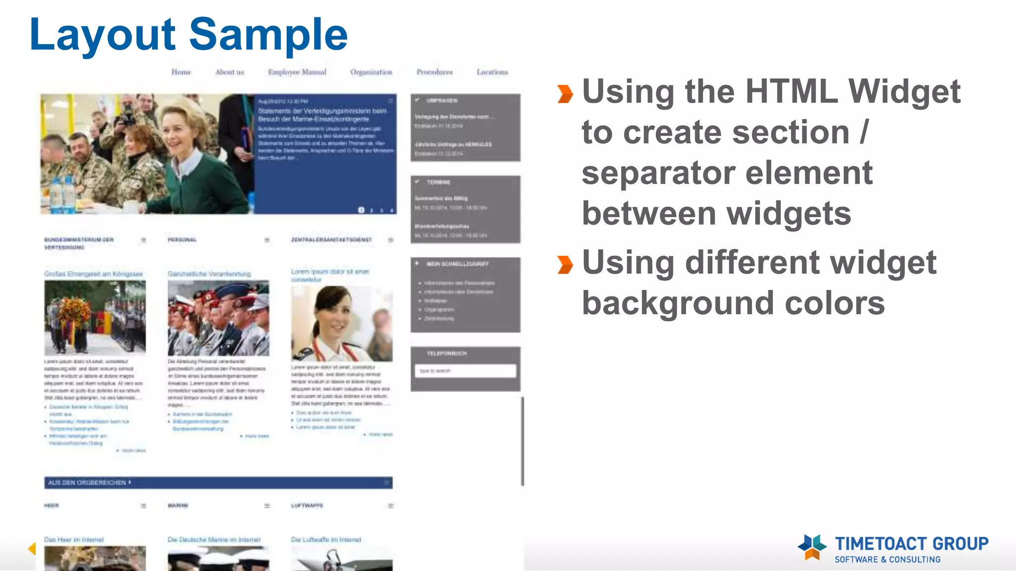 Layout Sample 
Using the HTML Widget 
to create section / 
separator element 
between widgets 
Using different widget 
background colors 
 
