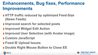 Enhancements, Bug fixes, Performance 
Improvements 
HTTP traffic reduced by optimized Feed-Size 
(News Feeds) 
Improved search for selected posts 
Improved Widget Edit Action 
Improved User Selection (with Avatar image) 
Custom JavaScript 
Fixed IE Upload Issues 
Double Right Mouse Button to Close EE 
 