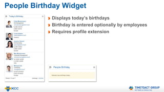 People Birthday Widget 
Displays today’s birthdays 
Birthday is entered optionally by employees 
Requires profile extension 
 