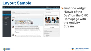 ATOM / RSS Feed Widget
Retrieve a public
RSS or ATOM feed
and display its
contents
Use CNX proxy for
external content
Display different
channels as tabs
Limit entries
Reorder channels
 