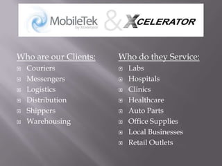 Who are our Clients:CouriersMessengers Logistics Distribution ShippersWarehousingWho do they Service:Labs Hospitals Clinics Healthcare Auto Parts Office Supplies Local Businesses Retail Outlets
