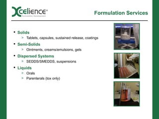 Formulation Services


 Solids
   > Tablets, capsules, sustained release, coatings
 Semi-Solids
   > Ointments, creams/emulsions, gels
 Dispersed Systems
   > SEDDS/SMEDDS, suspensions
 Liquids
   > Orals
   > Parenterals (tox only)
 