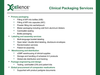 Clinical Packaging Services

 Primary packaging
      Filling of API into bottles (AIB)
      Filling of API into capsules (AIC)
      Powder filling into sachet/pouch
      Blister packaging including cold form aluminum blisters
      Card/wallet sealing
      Bottle packaging
 Labeling and assembly services
      Multi-language booklet labeling
      Open label / double blind labeling, disclosure envelopes
      Randomization services
      Patient kit assembly
 Warehousing and distribution
      cGMP warehousing of clinical supplies
      Storage and handling of schedule II-V products
      Global site distribution and tracking
 Package engineering and design
      Tooling, card/wallet (CR) and patient kits
 Global procurement of comparator medications
      Supported with product pedigree documents
 