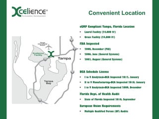 Convenient Location

cGMP Compliant Tampa, Florida Location
•   Laurel Facility (24,000 ft2)
•   Grace Facility (24,000 ft2)

FDA Inspected
•   2008, December (PAI)
•   2006, June (General Systems)
•   2003, August (General Systems)



DEA Schedule License
•   I to V Analytical–DEA Inspected 2012, January
•   II to V Manufacturing–DEA Inspected 2010, January
•   I to V Analytical–DEA Inspected 2009, December

Florida Dept. of Health Audit
•   State of Florida Inspected 2010, September

European Union Requirements
•   Multiple Qualified Person (QP) Audits
 