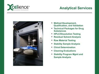 Analytical Services



 Method Development,
  Qualification, and Validation
 Technical Packages for Drug
  Substances
 HPLC/Dissolution Testing
 Residual Solvent Analysis
 Raw Material Testing
 Stability Sample Analysis
 Chiral Determination
 Cleaning Evaluations
 Stability Program Mgmt and
  Sample Analysis
 