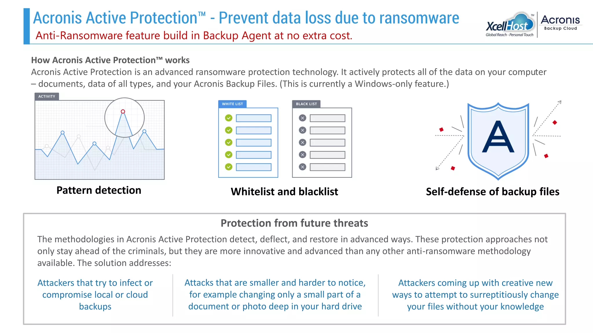 Acronis Active Protection™ - Prevent data loss due to ransomware
How Acronis Active Protection™ works
Acronis Active Protection is an advanced ransomware protection technology. It actively protects all of the data on your computer
– documents, data of all types, and your Acronis Backup Files. (This is currently a Windows-only feature.)
Pattern detection Whitelist and blacklist Self-defense of backup files
Protection from future threats
The methodologies in Acronis Active Protection detect, deflect, and restore in advanced ways. These protection approaches not
only stay ahead of the criminals, but they are more innovative and advanced than any other anti-ransomware methodology
available. The solution addresses:
Attackers that try to infect or
compromise local or cloud
backups
Attacks that are smaller and harder to notice,
for example changing only a small part of a
document or photo deep in your hard drive
Attackers coming up with creative new
ways to attempt to surreptitiously change
your files without your knowledge
Anti-Ransomware feature build in Backup Agent at no extra cost.
 