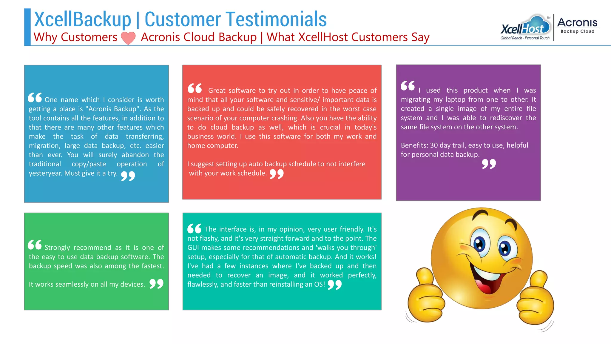 Why Customers Acronis Cloud Backup | What XcellHost Customers Say
XcellBackup | Customer Testimonials
One name which I consider is worth
getting a place is "Acronis Backup". As the
tool contains all the features, in addition to
that there are many other features which
make the task of data transferring,
migration, large data backup, etc. easier
than ever. You will surely abandon the
traditional copy/paste operation of
yesteryear. Must give it a try.
Strongly recommend as it is one of
the easy to use data backup software. The
backup speed was also among the fastest.
It works seamlessly on all my devices.
I used this product when I was
migrating my laptop from one to other. It
created a single image of my entire file
system and I was able to rediscover the
same file system on the other system.
Benefits: 30 day trail, easy to use, helpful
for personal data backup.
Great software to try out in order to have peace of
mind that all your software and sensitive/ important data is
backed up and could be safely recovered in the worst case
scenario of your computer crashing. Also you have the ability
to do cloud backup as well, which is crucial in today's
business world. I use this software for both my work and
home computer.
I suggest setting up auto backup schedule to not interfere
with your work schedule.
The interface is, in my opinion, very user friendly. It's
not flashy, and it's very straight forward and to the point. The
GUI makes some recommendations and 'walks you through'
setup, especially for that of automatic backup. And it works!
I've had a few instances where I've backed up and then
needed to recover an image, and it worked perfectly,
flawlessly, and faster than reinstalling an OS!
 