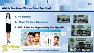 o
1. No Thanks.
2. I Want To Be a Customer.
3. YES, I See An Opportunity For Myself!
How soon would you like to start earning income?
Which Decision Works Best For You?
Personal Xcelerator Single Sampler
Family Sampler
Business Builder
 