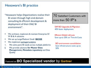 Hexaware’s BI practice “ Hexaware helps Organizations realize their BI vision through high end domain consulting & efficient development & deployment of their DW/ BI environment”. We architect, implement & maintain Enterprise D/W BI & A solutions We set up Large/Medium/ Small  BICOE We implement  packaged analytics We solve point BI needs across multiple platforms We provide solutions  for Master Data Management, Metadata repository  and Data Quality Featured as  BO Specialized vendor  by  Gartner SAP BO Upgrades & Migration  40% faster deployment Efficient Global roll-outs  Save up-to 20% on Time & Costs BO environment consolidation  Save infrastructure costs up-to 20% 70   Satisfied Customers with more than   50 IP’s  