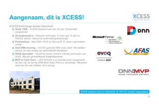 Aangenaam, dit is XCESS!
9
XCESS biedt lange termijn zekerheid:
ü Sinds 1995 – XCESS bestaat meer dan 20 jaar. Continuïteit
aangetoond.
ü 25 medewerkers – Waarvan sommigen al meer dan 15 jaar bij
XCESS werken. Kennis & continuïteit gewaarborgd.
ü Partnerships – Met DNN, AFAS en Microsoft. Er staan organisaties
achter.
ü Veel DNN ervaring – XCESS gebruikt DNN sinds 2003. We hebben
kennis van alle versies op verschillende disciplines.
ü AFAS Specialist – Vanaf het eerste moment volledig vertrouwen van
AFAS. We zijn gekwalificeerd integratiepartner.
ü MVP en Core Team – CEO XCESS is al meerder jaren aangemerkt
als één van de twintig DNN Most Value Persons wereldwijd. Wij weten
waar we het over hebben, tot in de top.
XCESS expertise center bv, Storkstraat 19, 3833 LB Leusden, www.xcess.nl
 