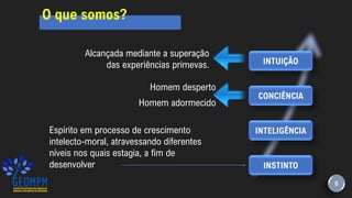 6
O que somos?
Espírito em processo de crescimento
intelecto-moral, atravessando diferentes
níveis nos quais estagia, a fim de
desenvolver INSTINTO
INTELIGÊNCIA
CONCIÊNCIA
INTUIÇÃO
Alcançada mediante a superação
das experiências primevas.
Homem adormecido
Homem desperto
 