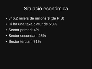Situació económica
● 846,2 milers de milions $ (de PIB)
● Hi ha una taxa d'atur de 5'3%
● Sector primari: 4%
● Sector secundari: 25%
● Sector terciari: 71%
 