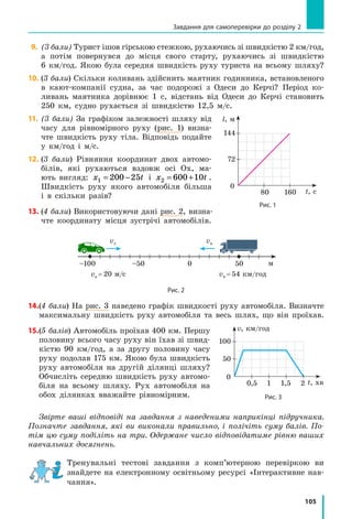 105
9. 	(3 бали) Турист ішов гірською стежкою, рухаючись зі швидкістю 2 км/год,
а потім повернувся до місця свого старту, рухаючись зі швидкістю
6 км/год. Якою була середня швидкість руху туриста на всьому шляху?
10.	(3 бали) Скільки коливань здійснить маятник годинника, встановленого
в кают-компанії судна, за час подорожі з Одеси до Керчі? Період ко-
ливань маятника дорівнює 1 с, відстань від Одеси до Керчі становить
250  км, судно рухається зі швидкістю 12,5 м/с.
11.	(3 бали) За графіком залежності шляху від
часу для рівномірного руху (рис. 1) визна-
чте швидкість руху тіла. Відповідь подайте
у км/год і м/с.
12.	(3 бали) Рівняння координат двох автомо-
білів, які рухаються вздовж осі Ox, ма-
ють вигляд: 1 200 25x t= − і 2 600 10x t= + .
Швидкість руху якого автомобіля більша
і в скільки разів?
13.	(4 бали) Використовуючи дані рис. 2, визна-
чте координату місця зустрічі автомобілів.
–100 0–50 50
vл
vа = 20 м/c vв = 54 км/год
vв
Рис. 2
14.	(4 бали) На рис. 3 наведено графік швидкості руху автомобіля. Визначте
максимальну швидкість руху автомобіля та весь шлях, що він проїхав.
15.	(5 балів) Автомобіль проїхав 400 км. Першу
половину всього часу руху він їхав зі швид-
кістю 90 км/год, а за другу половину часу
руху подолав 175 км. Якою була швидкість
руху автомобіля на другій ділянці шляху?
Обчисліть середню швидкість руху автомо-
біля на всьому шляху. Рух автомобіля на
обох ділянках вважайте рівномірним.
Звірте ваші відповіді на завдання з наведеними наприкінці підручника.
Позначте завдання, які ви виконали правильно, і полічіть суму балів. По-
тім цю суму поділіть на три. Одержане число відповідатиме рівню ваших
навчальних досягнень.
Тренувальні тестові завдання з комп’ютерною перевіркою ви
знайдете на електронному освітньому ресурсі «Інтерактивне нав­
чання».
80
0
t, с
l, м
160
72
144
Рис. 1
0,5
0
t, хв
v, км/год
1
50
1,5 2
100
Рис. 3
Завдання для самоперевірки до розділу 2
м
 
