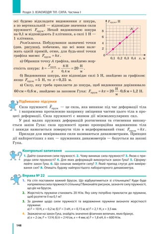 148
Розділ 3. ВЗАЄМОДІЯ ТІЛ. СИЛА. Частина І
осі будемо відкладати видовження x шнура,
а по вертикальній — відповідне значення сили
пружності Fпруж. Нехай видовженню шнура
на 0,1 м відповідають 2 клітинки, а силі 1 Н —
1 клітинка.
Розв’язання. Побудувавши зазначені точки
(див. рисунок), побачимо, що всі вони нале-
жать одній прямій, отже, для будь-якої точки
графіка маємо: F kxпруж = .
а) Обравши точку А графіка, знайдемо жор-
сткість шнура: k
F
x
= = =пруж Н
м
Н
м
8
0 4
20
,
.
б) Видовження шнура, яке відповідає силі 5 Н, знайдемо за графіком:
якщо Fпруж = 5 Н, то x = 0 25, м.
в) Силу, яку треба прикласти до шнура, щоб видовження дорівнювало
60 0 6см м= , , знайдемо за законом Гука: F kxпруж
Н
м
м= = ⋅ =20 0 6 1 2, , Н.
Підбиваємо підсумки
Сила пружності

Fпруж — це сила, яка виникає під час деформації тіла
і напрямлена протилежно напрямку зміщення частин цього тіла в про-
цесі деформації. Сила пружності є виявом дії міжмолекулярних сил.
У разі малих пружних деформацій розтягнення та стиснення викону-
ється закон Гука: сила пружності прямо пропорційна видовженню тіла
і  завжди намагається повернути тіло в недеформований стан: F kxпруж = .
Прилади для вимірювання сили називаються динамометрами. Принцип
дії найпростіших з них — пружинних динамометрів — базується на законі
Гука.
Контрольні запитання
1. Дайте означення сили пружності. 2. Чому виникає сила пружності? 3. Якою є при­
рода сили пружності? 4. Для яких деформацій виконується закон Гука? 5. Сформу­
люйте закон Гука. 6. Що означає виміряти силу? 7. Який прилад слугує для вимірю­
вання сил? 8. Опишіть будову найпростішого лабораторного динамометра.
Вправа № 22
1.	 На стіл поставили важкий брусок. Що відбуватиметься зі стільницею? Куди буде
напрямлена сила пружності стільниці? Виконайте рисунок, зазначте силу пружності,
що діє на брусок.
2. 	 Жорсткість пружини становить 20 Н/м. Яку силу потрібно прикласти до пружини,
щоб розтягти її на 0,1 м?
3. 	 За даними щодо сили пружності та видовження пружини визначте жорсткості
пружини:
	 a) F = 10 Н, x = 0,2 м; б) F = 3 кН, x = 0,15 м; в) F = 2,1 Н, x = 3,5 мм.
4. 	 Зважаючи на закон Гука, знайдіть значення фізичних величин, яких бракує.
	 a) x = 2 см, F = 13 Н; б) k = 2 Н/см, x = 4 мм; в) F = 1,8 кН, k = 600 Н/м.
0
х, м
Fпруж, Н
A
0,1
2
0,2 0,3 0,4
4
6
8
 