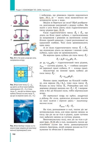 192
Розділ 3. Взаємодія тіл. Сила. Частина ІІ
і побачимо, що рівновага терезів порушиться
(рис. 31.1, в) — якась сила намагається ви-
штовхнути кулю з води.
Звідки ж береться ця сила? Щоб розібрати-
ся, розгляньмо занурений у рідину кубик. На
нього з усіх боків діють сили гідростатичного
тиску рідини (рис. 31.2).
Сили гідростатичного тиску

F3 і

F4 , що
діють на бічні грані кубика, є протилежними
за напрямком і рівними за значенням: площі
бічних граней однакові, і грані розташовані на
однаковій глибині. Такі сили зрівноважують
одна одну.
А от сили гідростатичного тиску

F1 і

F2 ,
що відповідно діють на верхню і нижню грані
кубика, одна одну не зрівноважують.
На верхню грань кубика діє сила тиску

F1 :
F p S gh S1 1 1= = ⋅ρрід ,
де p gh1 1= ρрід — гідростатичний тиск рідини,
ρрід — густина рідини, h1 — глибина занурен-
ня верхньої грані кубика, S — площа грані.
Аналогічно на нижню грань кубика діє
сила тиску

F2 :
F gh S2 2= ρрід .
Нижня грань перебуває на більшій глиби-
ні, ніж верхня h h2 1( ), тому сила тиску F2
більша за силу тиску F1 . Рівнодійна цих сил
дорівнює різниці значень сил F2 і F1 і напрям-
лена в бік дії більшої сили, тобто вертикально
вгору.
По вертикалі вгору на кубик, занурений
у рідину, діє сила, зумовлена різницею тисків
на його нижню і верхню грані,— виштовху-
вальна сила:
F F Fвишт = −2 1.
На тіло, розташоване в газі, також діє ви-
штовхувальна сила, але вона значно менша за
силу, що діє на це тіло в рідині, адже густина
газу набагато менша за густину рідини.
Виштовхувальну силу, яка діє на тіло в рі-
дині (рис. 31.3) або в газі, називають також ар-
хімедовою силою (на честь давньогрецького
вченого Архімеда, який уперше вказав на її іс-
нування та обчислив її значення).
Рис. 31.2. Сили тиску

F3
і

F4
,
що діють на бічні грані кубика,
зрівноважені F F3 4=( ).Сила
тиску

F2 , яка діє на нижню грань
кубика, більша за силу тиску

F1,
що діє на верхню грань F F2 1( )
F1
F3
F2
F4
h1
h2
а
б
в
Рис. 31.1. На кулю у воді діє сила,
напрямлена вгору
Рис. 31.3. Айсберг плаває на по­
верхні води завдяки дії виштовху­
вальної (архімедової) сили
 