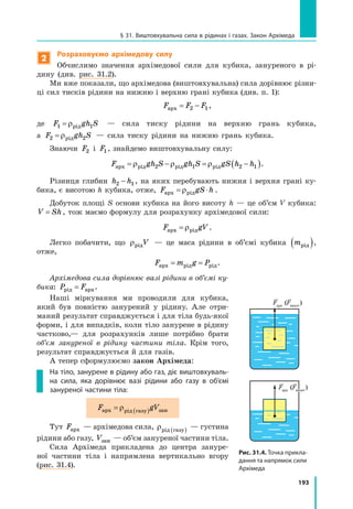 193
§ 31. Виштовхувальна сила в рідинах і газах. Закон Архімеда
2
Розраховуємо архімедову силу
Обчислимо значення архімедової сили для кубика, зануреного в рі-
дину (див. рис. 31.2).
Ми вже показали, що архімедова (виштовхувальна) сила дорівнює різни-
ці сил тисків рідини на нижню і верхню грані кубика (див. п. 1):
F F Fарх = −2 1,
де F gh S1 1= ρрід — сила тиску рідини на верхню грань кубика,
а F gh S2 2= ρрід — сила тиску рідини на нижню грань кубика.
Знаючи F2 і F1, знайдемо виштовхувальну силу:
F gh S gh S gS h hарх рід рід рід= − = −( )ρ ρ ρ2 1 2 1 .
Різниця глибин h h2 1− , на яких перебувають нижня і верхня грані ку-
бика, є висотою h кубика, отже, F gS hарх рід= ⋅ρ .
Добуток площі S основи кубика на його висоту h — це об’єм V кубика:
V Sh= ,  тож маємо формулу для розрахунку архімедової сили:
F gVарх рід= ρ .
Легко побачити, що ρрідV — це маса рідини в об’ємі кубика mрід( ),
отже,
F m g Pарх рід рід= = .
Архімедова сила дорівнює вазі рідини в об’ємі ку-
бика: P Fрід арх= .
Наші міркування ми проводили для кубика,
який був повністю занурений у рідину. Але отри-
маний результат справджується і для тіла будь-якої
форми, і для випадків, коли тіло занурене в рідину
частково,— для розрахунків лише потрібно брати
об’єм зануреної в рідину частини тіла. Крім того,
результат справджується й для газів.
А тепер сформулюємо закон Архімеда:
На тіло, занурене в рідину або газ, діє виштовхуваль­
на сила, яка дорівнює вазі рідини або газу в об’ємі
зануреної частини тіла:
F gVарх рід газу зан= ( )ρ
Тут Fарх — архімедова сила, ρрід газу( ) — густина
рідини або газу, Vзан — об’єм зануреної частини тіла.
Сила Архімеда прикладена до центра зануре-
ної частини тіла і напрямлена вертикально вгору
(рис. 31.4).
Рис. 31.4. Точка прикла­
дання та напрямок сили
Архімеда
Fарх
(Fвишт
)
Fарх
(Fвишт
)
 