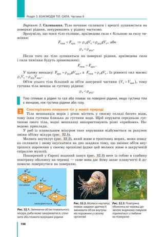 198
Розділ 3. Взаємодія тіл. Сила. Частина ІІ
Варіант 3. Спливання. Тіло починає спливати і врешті зупиняється на
поверхні рідини, занурившись у рідину частково.
Зрозуміло, що поки тіло спливає, архімедова сила є більшою за силу тя-
жіння:
F F gV gVтяж арх т т рід т ⇒ ρ ρ , або
ρ ρт рід .
Після того як тіло зупиниться на поверхні рідини, архімедова сила
і сила тяжіння будуть зрівноважені:
F Fтяж арх= .
У цьому випадку F gVарх рід зан= ρ , а F gVтяж т т= ρ . Із рівності сил маємо:
ρ ρт т рід занV V= .
Об’єм усього тіла більший за об’єм зануреної частини V Vт ( )зан , тому
густина тіла менша за густину рідини:
ρ ρт рід .
Тіло спливає в рідині та газі або плаває на поверхні рідини, якщо густина тіла
є меншою, ніж густина рідини або газу.
2
Спостерігаємо плавання тіл у живій природі
Тіла мешканців морів і річок містять у своєму складі багато води,
тому їхня густина близька до густини води. Щоб керувати середньою гус-
тиною свого тіла, водні мешканці використовують різні «прийоми». На-
ведемо приклади.
У риб із плавальним міхуром таке керування відбувається за рахунок
зміни об’єму міхура (рис. 32.1).
Молюск наутилус (рис. 32.2), який живе в тропічних морях, може швид-
ко спливати і знову опускатися на дно завдяки тому, що змінює об’єм вну-
трішніх порожнин у своєму організмі (адже цей молюск живе в закрученій
спіраллю мушлі).
Поширений у Європі водяний павук (рис. 32.3) несе із собою в глибину
повітряну оболонку на черевці — саме вона дає йому запас плавучості й до-
помагає повернутися на поверхню.
Рис. 32.2. Молюск наутилус
плаває завдяки здатності
змінювати об’єм внутріш­
ніх порожнин у своєму
організмі
Рис. 32.3. Повітряна
оболонка на черевці до­
зволяє водяному павукові
підніматися з глибини
на поверхню
Рис. 32.1. Змінюючи об’єм плавального
міхура, риба може занурюватися, спли­
вати або плавати всередині рідини
Fарх
Fарх
Fарх
Fтяж
Fтяж
Fтяж
спливає
плаває
занурюється
 