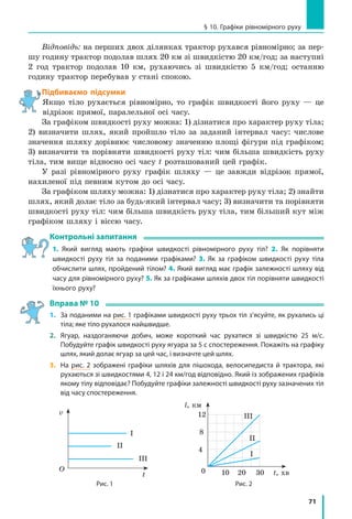 71
§ 10. Графіки рівномірного руху
Відповідь: на перших двох ділянках трактор рухався рівномірно; за пер-
шу годину трактор подолав шлях 20 км зі швидкістю 20 км/год; за наступні
2 год трактор подолав 10 км, рухаючись зі швидкістю 5  км/год; останню
годину трактор перебував у стані спокою.
Підбиваємо підсумки
Якщо тіло рухається рівномірно, то графік швидкості його руху — це
відрізок прямої, паралельної осі часу.
За графіком швидкості руху можна: 1) дізнатися про характер руху тіла;
2) визначити шлях, який пройшло тіло за заданий інтервал часу: числове
значення шляху дорівнює числовому значенню площі фігури під графіком;
3) визначити та порівняти швидкості руху тіл: чим більша швидкість руху
тіла, тим вище відносно осі часу t розташований цей графік.
У разі рівномірного руху графік шляху — це завжди відрізок прямої,
нахиленої під певним кутом до осі часу.
За графіком шляху можна: 1) дізнатися про характер руху тіла; 2) знайти
шлях, який долає тіло за будь-який інтервал часу; 3) визначити та порівняти
швидкості руху тіл: чим більша швидкість руху тіла, тим більший кут між
графіком шляху і віссю часу.
Контрольні запитання
1. Який вигляд мають графіки швидкості рівномірного руху тіл? 2. Як порівняти
швидкості руху тіл за поданими графіками? 3. Як за графіком швидкості руху тіла
обчислити шлях, пройдений тілом? 4. Який вигляд має графік залежності шляху від
часу для рівномірного руху? 5. Як за графіками шляхів двох тіл порівняти швидкості
їхнього руху?
Вправа № 10
1.	 За поданими на рис. 1 графіками швидкості руху трьох тіл з’ясуйте, як рухались ці
тіла; яке тіло рухалося найшвидше.
2.	Ягуар, наздоганяючи добич, може короткий час рухатися зі швидкістю 25 м/с.
Побудуйте графік швидкості руху ягуара за 5 с спостереження. Покажіть на графіку
шлях, який долає ягуар за цей час, і визначте цей шлях.
3.	 На рис. 2 зображені графіки шляхів для пішохода, велосипедиста й трактора, які
рухаються зі швидкостями 4, 12 і 24 км/год відповідно. Який із зображених графіків
якому тілу відповідає? Побудуйте графіки залежності швидкості руху зазначених тіл
від часу спостереження.
O
І
ІІ
ІІІ
t
v
Рис. 1 Рис. 2
t, хв
l, км
10
4
І
ІІ
ІІІ
8
12
20 300
 