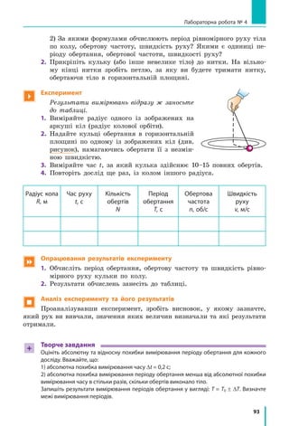 93
	 2) За якими формулами обчислюють період рівномірного руху тіла
по колу, обертову частоту, швидкість руху? Якими є одиниці пе-
ріоду обертання, обертової частоти, швидкості руху?
2. 	Прикріпіть кульку (або інше невелике тіло) до нитки. На вільно-
му кінці нитки зробіть петлю, за яку ви будете тримати нитку,
обертаючи тіло в горизонтальній площині.

Експеримент
	 Результати вимірювань відразу ж заносьте
до таблиці.
1. 	Виміряйте радіус одного із зображених на
аркуші кіл (радіус колової орбіти).
2. 	Надайте кульці обертання в горизонтальній
площині по одному із зображених кіл (див.
рисунок), намагаючись обертати її з  незмін-
ною швидкістю.
3. 	Виміряйте час t, за який кулька здійснює 10–15 повних обертів.
4. 	Повторіть дослід ще раз, із колом іншого радіуса.
Радіус кола
R, м
Час руху
t, с
Кількість
обертів
N
Період
обертання
T, с
Обертова
частота
n, об/с
Швидкість
руху
v, м/с
 Опрацювання результатів експерименту
1.	 Обчисліть період обертання, обертову частоту та швидкість рівно-
мірного руху кульки по колу.
2.	 Результати обчислень занесіть до таблиці.
 Аналіз експерименту та його результатів
Проаналізувавши експеримент, зробіть висновок, у якому зазначте,
який рух ви вивчали, значення яких величин визначали та які результати
отримали.
+
Творче завдання
Оцініть абсолютну та відносну похибки вимірювання періоду обертання для кожного
досліду. Вважайте, що:
1) абсолютна похибка вимірювання часу ∆t = 0,2 с;
2) абсолютна похибка вимірювання періоду обертання менша від абсолютної похибки
вимірювання часу в стільки разів, скільки обертів виконало тіло.
Запишіть результати вимірювання періодів обертання у вигляді: Т = Т0 ± ∆T. Визначте
межі вимірювання періодів.
Лабораторна робота № 4
 